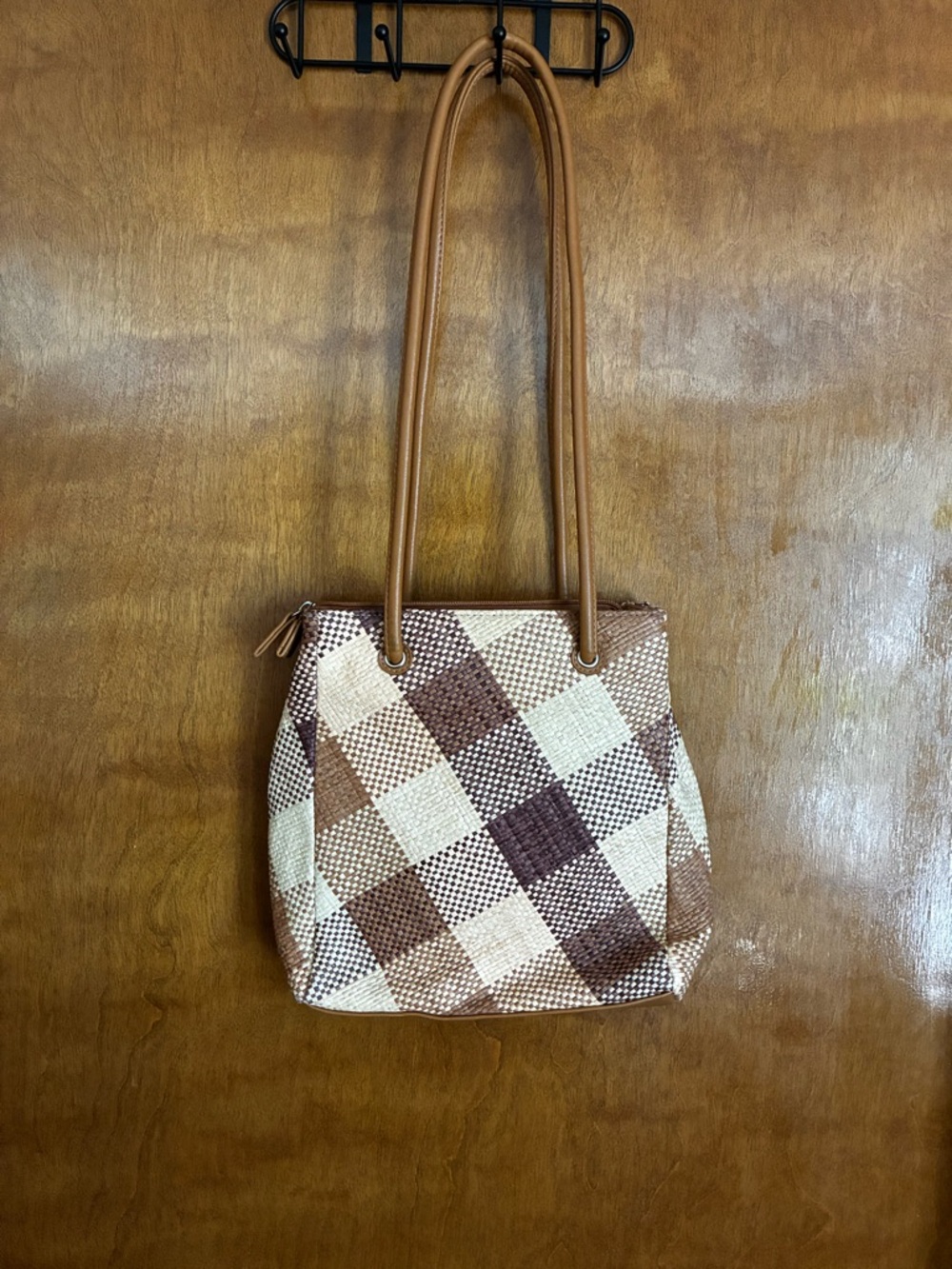 Vintage Croft and Barrow Woven Plaid Shoulder Tote in Brown & Cream